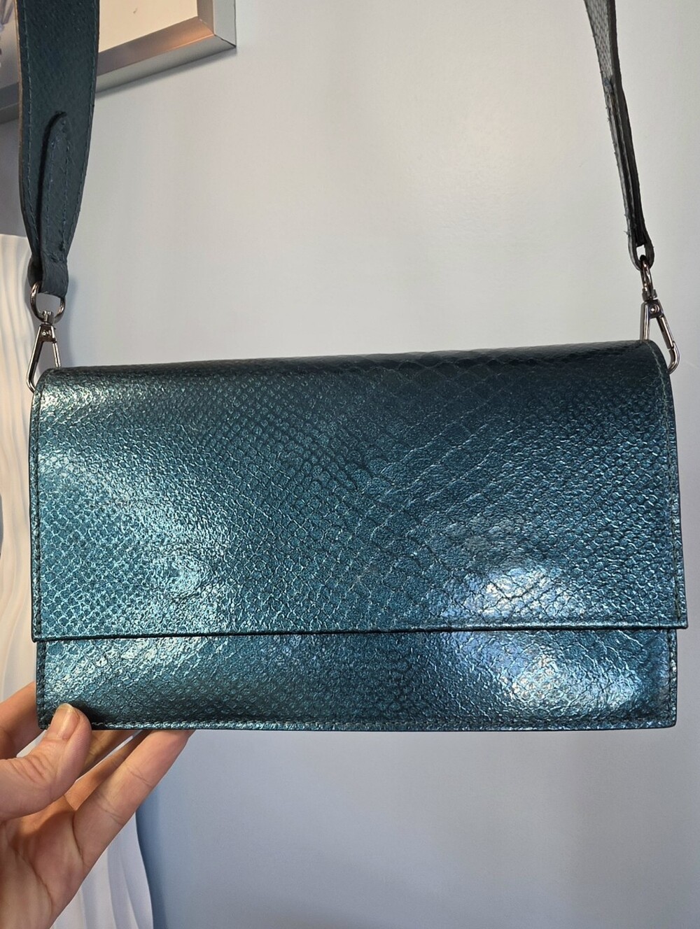 Vittoria Pacini Teal Metallic Snake Embossed Italian Leather Crossbody Flap Bag